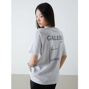 LCW Vision Gri Bisiklet Yaka Baskılı Oversize Kadın Tişört