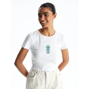 XSIDE Beyaz Bisiklet Yaka Ananas Nakışlı Kadın Tişört