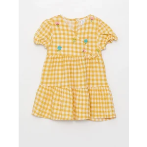 LCW baby Sari Kruvaze Yaka Kısa Kollu Desenli Kız Bebek Elbise