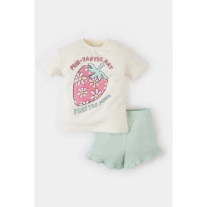 Defacto E0722 Yeşil Kız Bebek 2li Takım Baskılı Kısa Kollu Tişört Beli Lastikli Şort