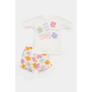 Defacto E0684 Ekru Kız Bebek 2li Takım Baskılı Kısa Kollu Tişört Çiçekli Şort