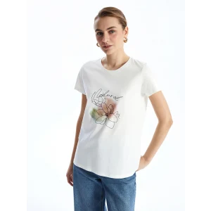 LCWAIKIKI Classic Ekru Bisiklet Yaka Baskılı Kadın Tişört
