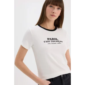 Defacto E5065 Ekru Regular Fit Bisiklet Yaka Baskılı Ribana Kısa Kollu Tişört