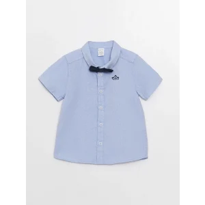 LCW baby Mavi Kısa Kollu Nakış Detaylı Erkek Bebek Gömlek ve Papyon 2li Takım