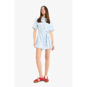 Defacto E1287 Mavi Polo Yaka Düğmeli Kuşaklı Kısa Kollu Mini Jean Elbise