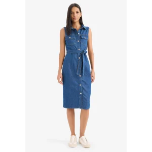 Defacto E1286 Mavi Gömlek Yaka Kuşaklı Yumuşak Jean Midi Elbise