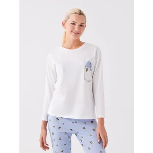 LCW Young Mavi Bisiklet Yaka Baskılı Uzun Kollu Kadın Pijama Takımı