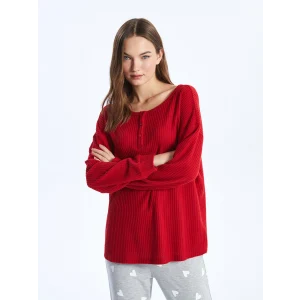 LCW DREAM Kirmizi Bisiklet Yaka Düz Uzun Kollu Kadın Pijama Üst