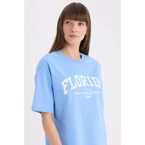 Defacto E5056 Mavi Oversize Geniş Kalıp Bisiklet Yaka Baskılı Kısa Kollu Tişört