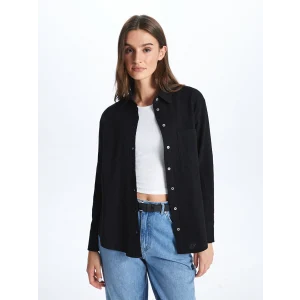 LCW Vision Siyah Düz Uzun Kollu Müslin Kadın Gömlek