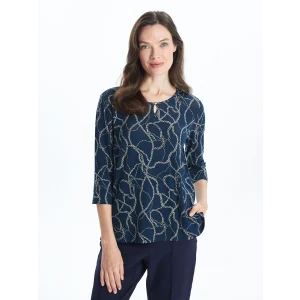 LCW Grace Lacivert Bisiklet Yaka Desenli Kadın Bluz