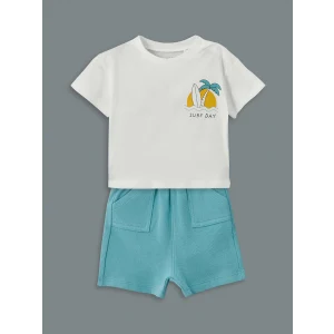 LCW baby Ekru Baskılı Erkek Bebek Tişört ve Şort 2li