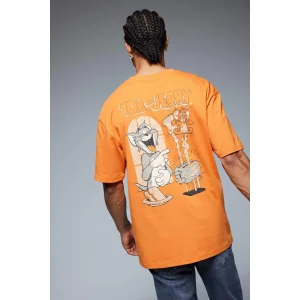 Defacto E3262 Turuncu %100 Pamuk Tom & Jerry Boxy Fit Bisiklet Yaka Sırt Baskılı Kısa Kollu Tişört
