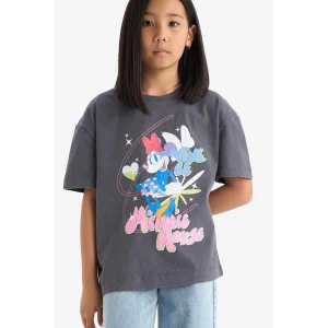 Defacto E2617 Antrasit Kız Çocuk Disney Mickey & Minnie Oversize Geniş Kalıp Bisiklet Yaka Kısa Kollu Tişört