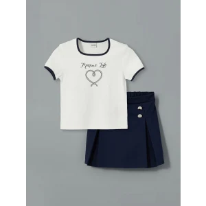 LCW Kids Ekru Marine Life Baskılı Kız Çocuk Tişört ve Şort Etek