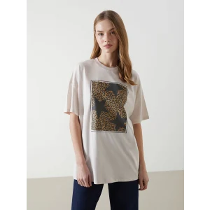 LCW Vision Bej Bisiklet Yaka Baskılı Oversize Kadın Tişört