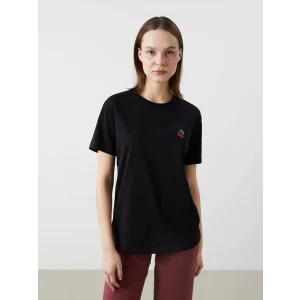 XSIDE Siyah Bisiklet Yaka Nakışlı Kadın Tişört