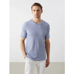 LCW Vision Mavi Bisiklet Yaka Kısa Kollu Çizgili Erkek Dokulu Tişört