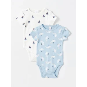 LCW baby Ekru Bisiklet Yaka Uzun Kollu Baskılı Erkek Bebek Çıtçıtlı Bodysuit  2li