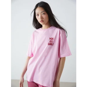 LCW Vision Pembe Bisiklet Yaka Baskılı Kadın Tişört