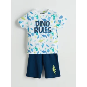 LCW Kids Beyaz Dinozor Baskılı Erkek Çocuk Şortlu Pijama Takımı