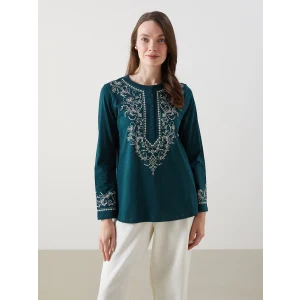 LCW Grace Yeşil Bisiklet Yaka Desenli Kadın Bluz