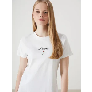 LCW Vision Ekru Bisiklet Yaka Nakışlı Kadın Tişört