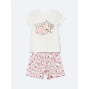 LCW Kids Ekru Baskılı Kız Çocuk Pamuklu Şortlu Pijama Takımı