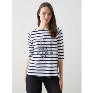 LCW Grace Lacivert Bisiklet Yaka Çizgili Kadın Tişört