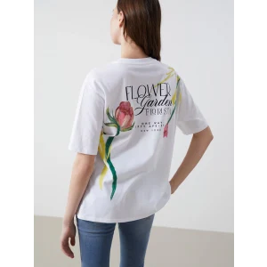 LCW Vision Beyaz Bisiklet Yaka Baskılı Oversize Kadın Tişört