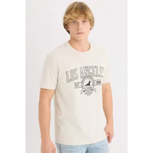 Defacto D5577 Bej %100 Pamuk Regular Fit Bisiklet Yaka Baskılı Kısa Kollu Tişört