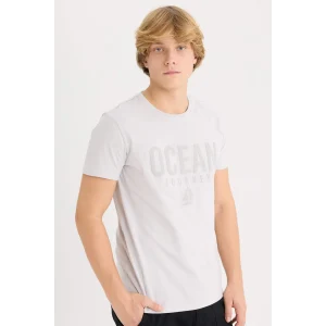 Defacto D9354 Gri %100 Pamuk Slim Fit Dar Kesim Bisiklet Yaka Baskılı Kısa Kollu Tişört