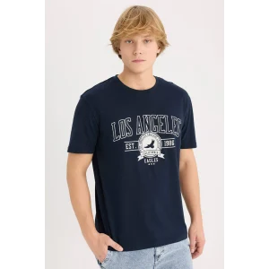 Defacto D5577 Lacivert %100 Pamuk Regular Fit Bisiklet Yaka Baskılı Kısa Kollu Tişört