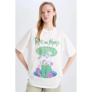 Defacto D9116 Beyaz Coool Rick and Morty Oversize Geniş Kalıp Bisiklet Yaka Baskılı Kısa Kollu Tişört