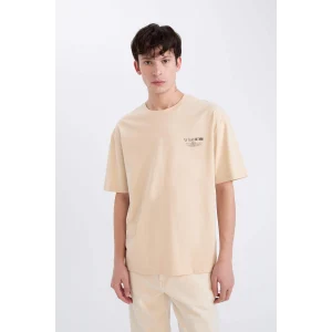 Defacto D8594 Bej %100 Pamuk Oversize Geniş Kalıp Bisiklet Yaka Baskılı Kısa Kollu Tişört