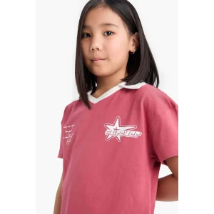 Defacto E1034 Bordo Kız Çocuk Boxy Fit Polo Yaka Baskılı Kısa Kollu Tişört