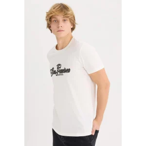 Defacto D5572 Ekru %100 Pamuk Slim Fit Dar Kesim Bisiklet Yaka Baskılı Kısa Kollu Tişört