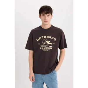 Defacto D5589 Kahve %100 Pamuk Boxy Fit Bisiklet Yaka Baskılı Kısa Kollu Tişört