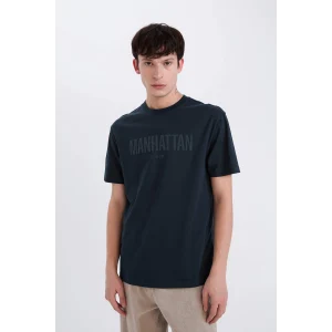 Defacto D5578 Lacivert %100 Pamuk Regular Fit Bisiklet Yaka Baskılı Kısa Kollu Tişört