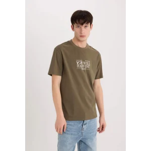 Defacto D6204 Haki %100 Pamuk Regular Fit Bisiklet Yaka Baskılı Kısa Kollu Tişört