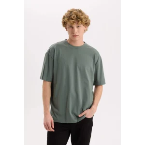 Defacto D6070 Yeşil %100 Pamuk Boxy Fit Bisiklet Yaka Basic Düz Kısa Kollu Tişört