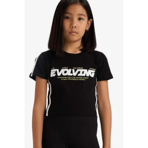 Defacto E1898 Siyah Kız Çocuk Slim Fit Dar Kesim Bisiklet Yaka Baskılı Fitilli Kaşkorse Kısa Kollu Tişört