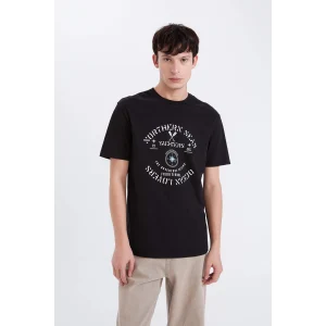 Defacto E1329 Siyah %100 Pamuk Regular Fit Bisiklet Yaka Baskılı Kısa Kollu Tişört