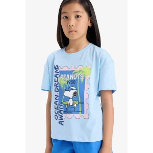 Defacto E8159 Mavi Kız Çocuk Snoopy Relax Fit Bisiklet Yaka Kısa Kollu Tişört