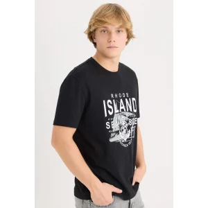 Defacto D9353 Siyah %100 Pamuk Regular Fit Bisiklet Yaka Baskılı Kısa Kollu Tişört