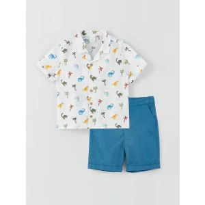 LCW baby Ekru Desenli Kısa Kollu Erkek Bebek Gömlek ve Şort  2li Takım