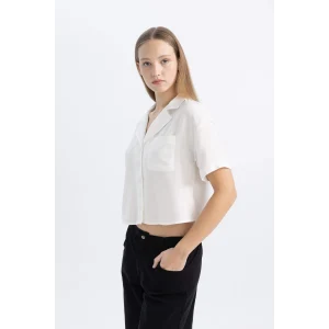 Defacto C3751 Beyaz Coool Oversize Geniş Kalıp Pijama Yaka Kısa Kollu Gömlek