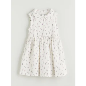 LCW Kids Ekru Bisiklet Yaka Çiçekli Kız Çocuk Elbise