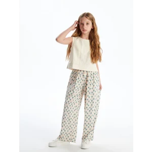 LCW Kids Ekru Beli Lastikli Çiçekli Kız Çocuk Pantolon