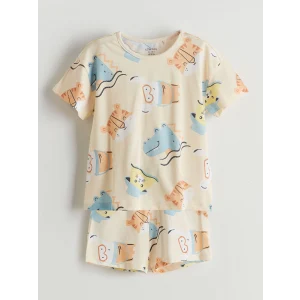 LCW baby Bej Baskılı Erkek Bebek Tişört ve Şort 2li